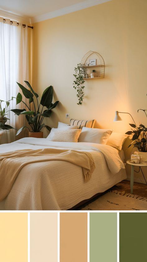 10 Must-Try Light Yellow Apartment Wall Styles for Modern Living Green Yellow Cream Bedroom, Bedrooms With Yellow Walls, Ochre Bedroom Walls, Light Yellow Room Ideas, Sage And Yellow Bedroom, Golden Hour Bedroom, Light Yellow Bedroom Walls, Yellow Wall Room, Yellow Room Ideas Bedrooms