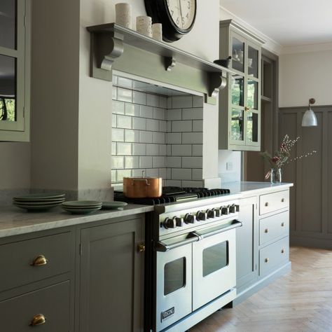 Victorian Kitchen Remodel, Kitchen Mantle, Kitchen Chimney, Kitchen Cooker, Devol Kitchens, Victorian Kitchen, Gray Cabinets, Kitchen Hoods, Kitchen Fireplace