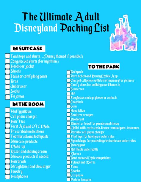 Disneyland Packing List. Disney packing list. Disneyland checklist. Disneyland backpack packing list. Disneyland suitcase packing list. Everything that you would need to pack as an adult for a Disneyland trip. Created by a seasoned annual passholder. Disneyworld Checklist Packing Lists, What To Pack For A Disney Trip, Vacation Packing List Disneyland, List For Disney World Packing, Disneyworld Packing Checklist, Disney Honeymoon Packing List, Disneyland Must Do List, What To Pack For A Day At Disneyland, Things To Wear To Disneyland