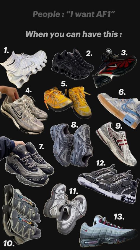 1 & 2 : nike shox  3 : nike air max Tailwind V skepta  4 : nike P-6000  5 & 6 : off white x nike air rubber dunk  7 : New Balance 602  8 : New Balance 1906 D  9 : New Balance 1906 R  10 : Salomon XT 6  11 : Salomon XT- Quest  12 : Stussy x Nike air zoom spiridon cage 2  13 : Air Max 95 Nike P6000 Outfit, Nike P6000, Nike Air Zoom Spiridon, Guys Fashion Swag, New Balance 1906, Nike Air Max Tailwind, P 6000, Off White X Nike, Nike Shox