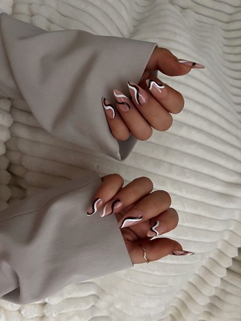 both of my hands showing off my swirl nail design. colors are brown, white, and nude. i’m wearing rings and an oversized blazer. Brown Swirl Nails, Swirl Nail, Swirl Nails, Neutral Nails, Nail Inspiration, Neutral Fashion, Best Acrylic Nails, Almond Nails, French Nails