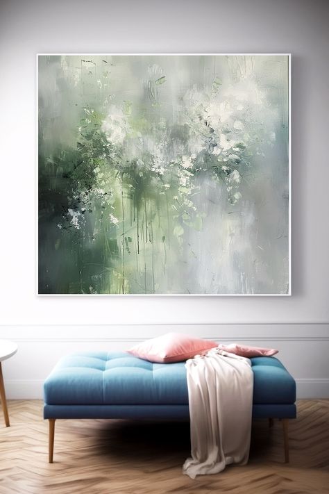 Original handmade green abstract painting with soft sage and misty gray hues, featuring textured brushstrokes and a serene, misty atmosphere Sage Green Painting, Geometric Abstract Painting, Green Abstract Painting, Green Paintings, Simple Canvas Paintings, Soyut Sanat Tabloları, Handmade Wall Art, Knife Painting, Contemporary Abstract Art