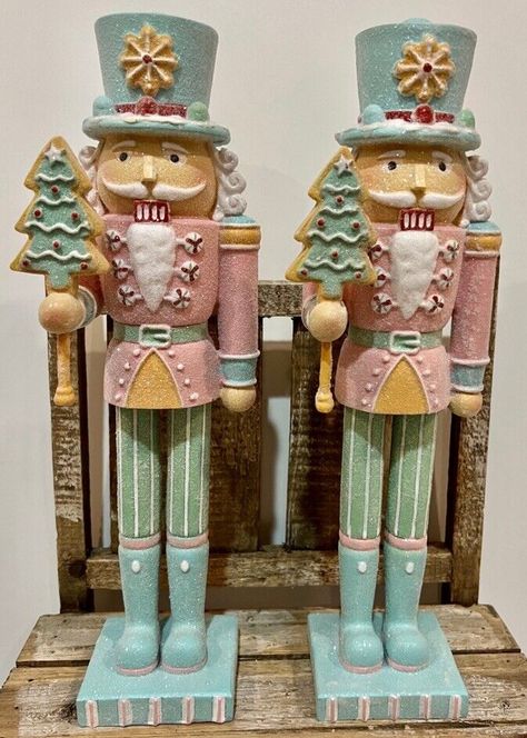 Set Of 2 NEW Pastel Pink Blue Christmas Nutcracker Gingerbread Tree Glitter | eBay Pink Blue Christmas, Nutcracker Gingerbread, Gingerbread Nutcracker, Pastel Nutcracker, Diy Nutcracker, Gingerbread Tree, Nutcracker Decor, Christmas Outfits Women, Tiktok Viral