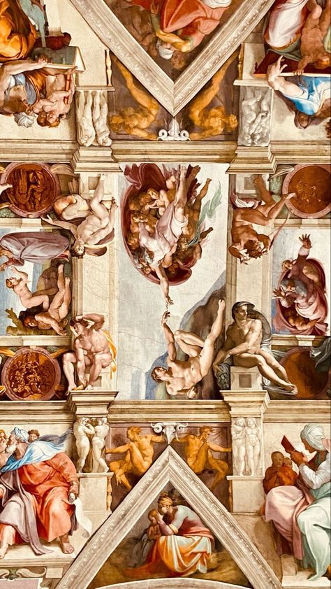 The Sistine Chapel Ceiling, A Cappella Aesthetic, Cathedral Ceiling Painting, Sistine Chapel Wallpaper, Sistine Chapel Aesthetic, Sistine Chapel Tattoo, Greece Scrapbook, Michelangelo Artwork, Church Ceiling