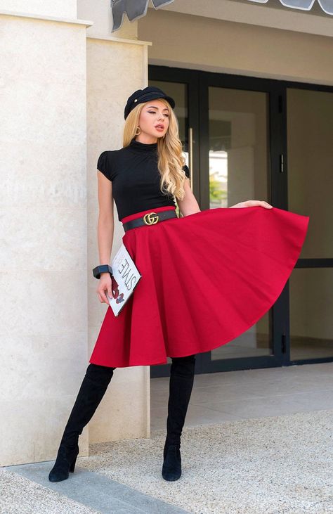 Red Circle Skirt Outfit, Red Midi Skirt Outfit, Satin Midi Skirt Outfits, Red Skirt Outfits, Red Midi Skirt, Full Midi Skirt, Winter Skirt Outfit, Skirt High Waist, Women Skirt