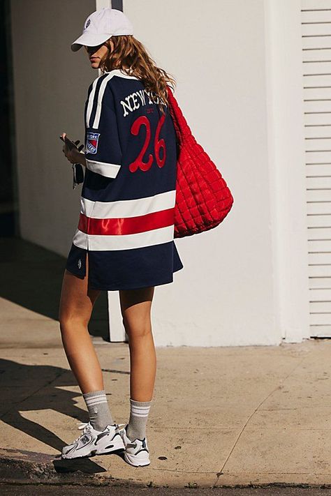 NY Rangers Lace Up Tunic High by The Wild Collective at Free Folks, Navy, M- #Collective #Free #Lace #Navy #People #Rangers #top #Tunic #Wild Check more at https://howcandothis.com/womenstyle/ny-rangers-lace-up-tunic-high-by-the-wild-collective-at-free-folks-navy-m/ Mlb Jersey Outfit Woman, 1990s Athleisure, Oversized Jersey Outfit Women, Oversized Jersey Outfit, Jersey Outfit Aesthetic, Blokette Aesthetic, Hockey Jersey Outfit, Hockey Swag, Hockey Outfit