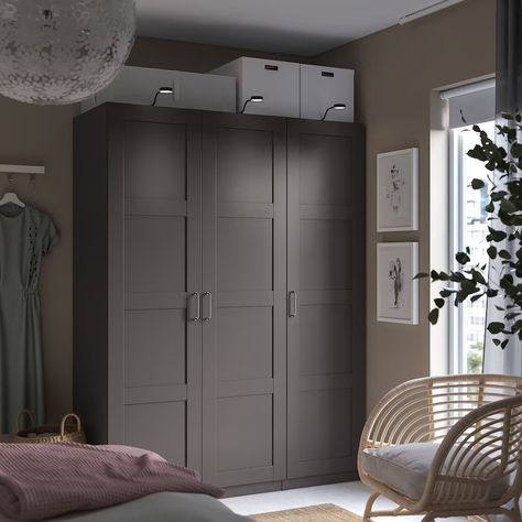 PAX / BERGSBO wardrobe, dark gray/dark gray, 59x235/8x791/4" - IKEA Bergsbo Wardrobe, Powder Coating Wheels, Pax Planner, Armoire Ikea, Grey Wardrobe, Ikea Pax Wardrobe, Pax Wardrobe, Plastic Shelves, Fitted Wardrobes