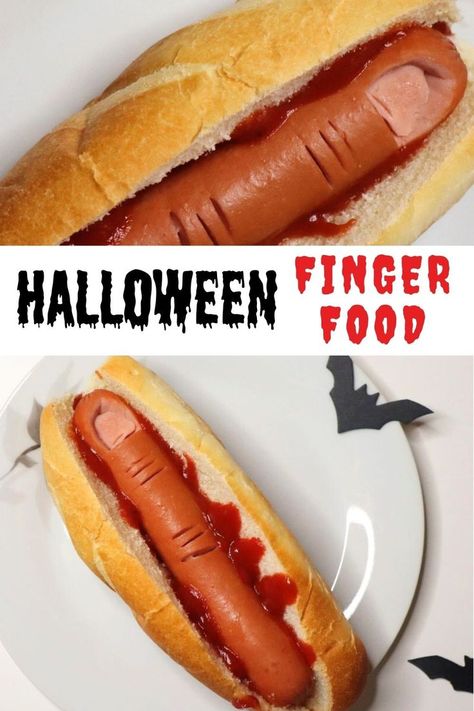 HALLOWEEN HOT DOGS ON KETCHUP CARVED SO THEY LOOK LIKE FINGERS ON BLOOD IN A HOT DOG BUN Hot Dog Fingers, Finger Hot Dogs, Halloween Hotdogs, Halloween Finger, Spooky Food, Dinner Themes, Food Table, Halloween Food For Party, Halloween Recipes