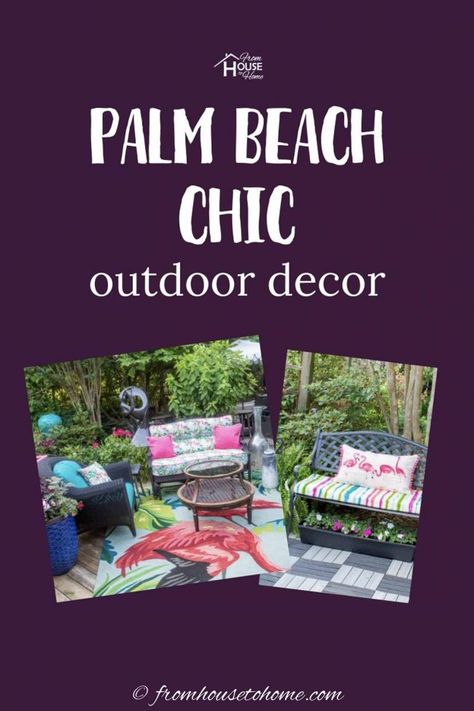 I love this Palm Beach chic outdoor decor. The pink flamingos and turquoise outdoor cushions look awesome with the black and white curtains. Diy Glam Decor, Outdoor Bar And Grill, Diy Pouf, Beach Chic Decor, Palm Beach Decor, Palm Beach Chic, Summer Outdoor Decor, Deck Makeover, Sewing Room Storage