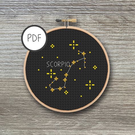 Scorpio Cross Stitch Pattern Constellation | Star Signs, Stars, Zodiac, Astrology, DIY, Cross Stitch PDF #CrossStitchPdf #embroidery #CrossStitchPattern #ScorpioStarSign #stars #zodiac #pattern #constellation #CrossStitch #StarSign Constellation Chart, Astrology Stars, Diy Cross, Pola Kristik, Diy Cross Stitch, Zodiac Constellations, Zodiac Astrology, Dmc Floss, Modern Embroidery