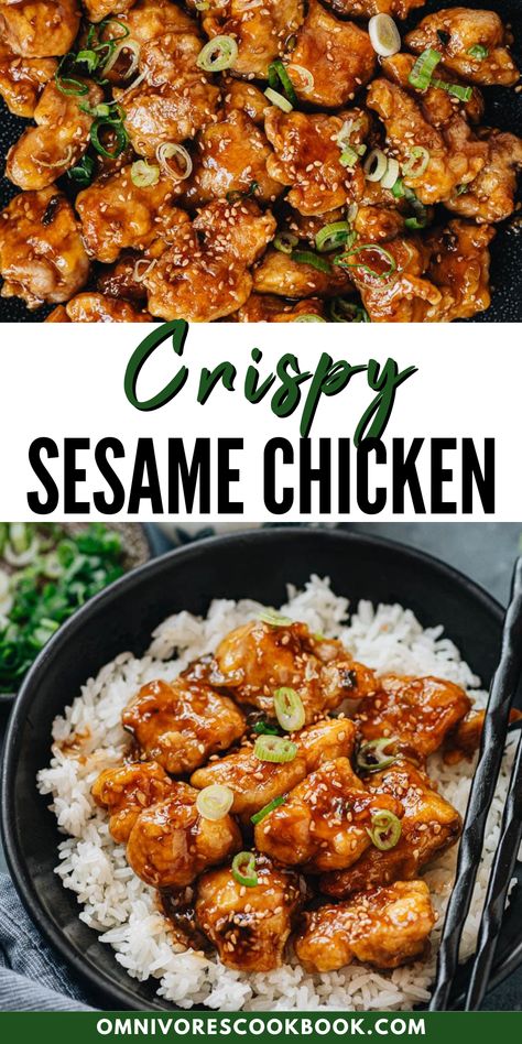 Learn how to make this better-than-takeout Crispy Sesame Chicken! My recipe shows you how to make restaurant-style crispy sesame chicken without a ton of sugar or deep frying. This will soon become a family favorite for busy weeknight dinners. Chicken And Rice Recipes Chinese, Chicken Asian Recipe, Gluten Free Sesame Chicken, Japanese Chicken Recipes, Crispy Sesame Chicken Recipe, Chicken Stir Fry Recipes, Healthy Chinese Food, Asian Style Chicken, Asian Chicken Thighs