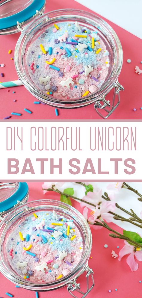 Making Bath Salts, Bubbling Bath Salts, Diy Spa Gifts, Scrub Recipe Diy, Bath Soak Recipe, Scrub Homemade, Sellable Crafts, Shower Melts, Unicorn Sprinkles