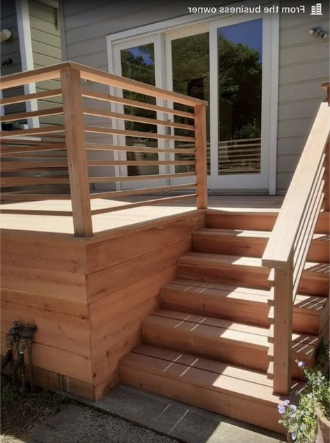 Side Deck Stairs, Backyard Patio With Steps From House, Deck Steps With Landing, Backyard Stairs From House, Small Back Deck Ideas, Small Front Deck Ideas, Wide Deck Stairs, Temporary Stairs, Small Porch Ideas