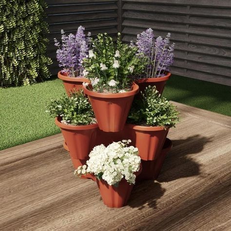 Flower Pot Tower, Stacked Flower Pots, Support Pour Plante, Garden Plant Pots, Vegetable Garden Diy, Vertical Planter, Flower Pots Outdoor, Garden Makeover, Indoor Outdoor Planter