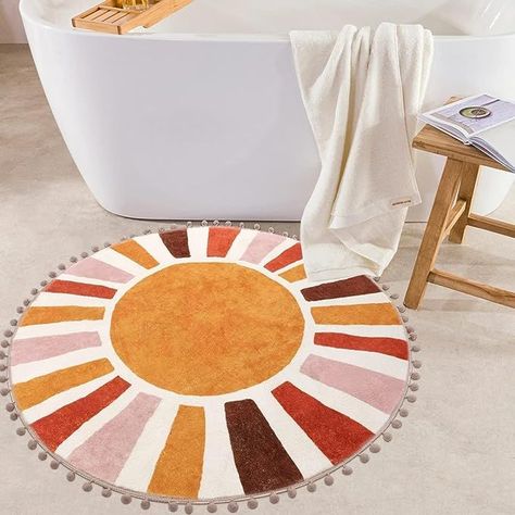 ☀️ Step into Retro Charm! Discover the 90cm Retro Sun Round Rug adorned with Pom Poms Fringe. This Colorful Boho Bedroom Rug brings a touch of whimsy to your space. Embrace the cuteness of this soft, non-slip, and washable carpet doormat – perfect for Bathroom, Living Room, Entryway, and Nursery. Elevate your space with a dash of delightful nostalgia! 🌼🌈 #RetroSunRug #BohoChicVibes #ColorfulCharm #WhimsicalDecor #CozySpaces Washable Rugs Living Room, Colorful Boho Bedroom, Area Rugs For Bedroom, Colorful Boho Rugs, Boho Dorm, Dorm Living Room, Circular Rugs, Indoor Door Mat, Rugs Living Room