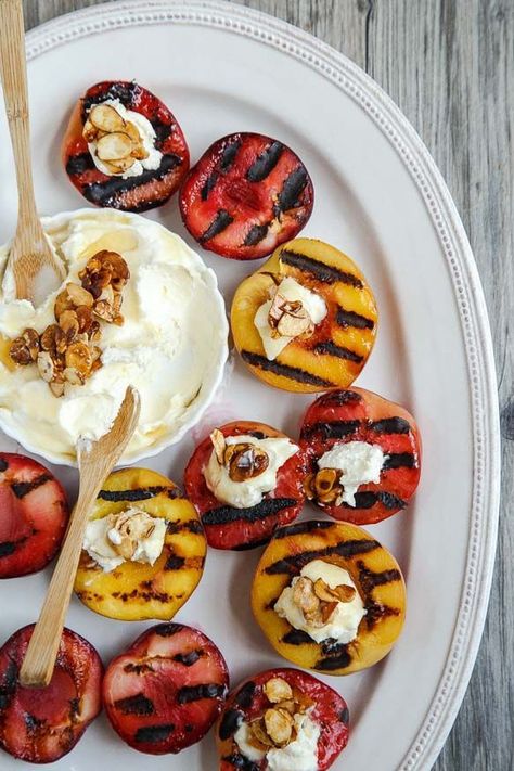 Grilled peaches and plums with almond mascarpone sauce @DessertForTwo Grilled Fruit Recipes, Peaches And Plums, Mascarpone Sauce, Grill Stone, Grilled Desserts, Candied Almonds, Easy Grilling, Grilled Fruit, Dessert For Two