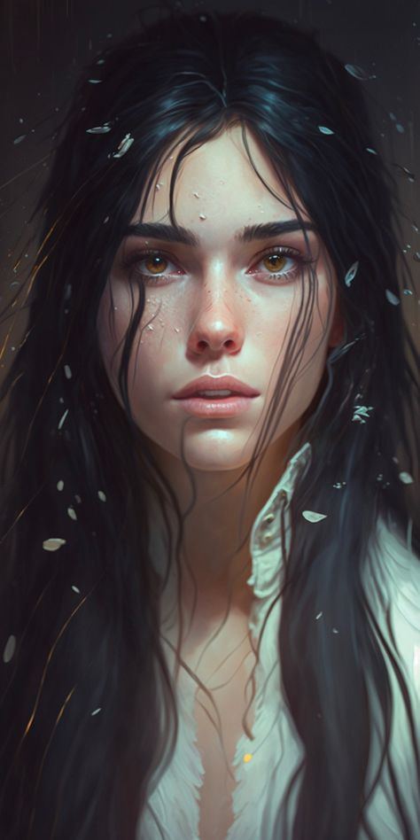 Girl with long dark hair Black Hair Green Eyes, Short Dark Hair, Female Elf, Girls With Black Hair, Fantasy Portraits, Female Character Inspiration, Long Black Hair, Purple Eyes, Arte Fantasy