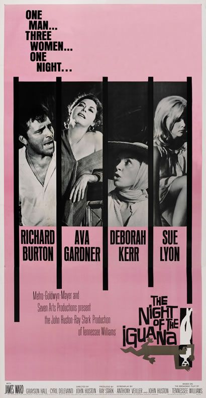 by John Huston,1964...from the Tennessee Williams novel... Movie Posters Vintage Originals, Sue Lyon, Night Of The Iguana, Science Fiction Movie Posters, Walt Disney Movies, Disney Movie Posters, John Huston, Poster Vintage Retro, Deborah Kerr