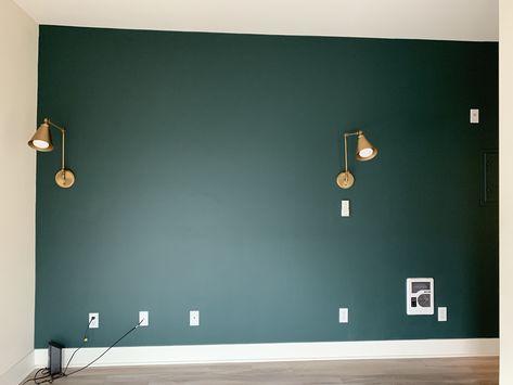 Painted an accent wall in Benjamin Moore Tarrytown Green HC-134 #greenaccentwall #greenpaint #interiordesign Evergreen Wall Paint, Boho Green Accent Wall, Benjamin Moore Tarrytown Green, Green Accent Wall Colors, Tarrytown Green Benjamin Moore, Green Bedroom Accent Wall, Tarrytown Green, Accent Wall Bedroom Paint, Green Accent Wall