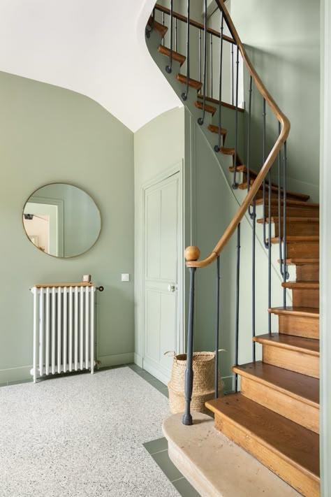 Sage Green Staircase Wall, Sage Green Stairs, Victorian Staircase Ideas, Colorful Staircase, Hallway Decorating Colours, Victorian Staircase, Stairs Colours, Stairwell Ideas, Stair Walls