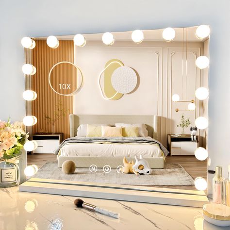 NUSVAN Vanity Mirror with Lights,Makeup Mirror with Lights with 17 Dimmable LED Bulbs, 3 Color Lighting Modes Detachable 10X Magnification Mirror Touch Control, 23.6X19,7 inch, White