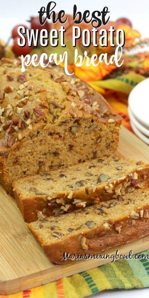 This Sweet Potato Pecan Bread is perfect for the fall and holiday season. Plus, it's a simple homemade bread recipe that's packed full of taste and flavor!#quickbreads #dessertbread #dessertseasy #dessertfoodrecipes #mariasmixingbowl Snacks With Sweet Potato, How To Use Canned Sweet Potatoes, Sweet Potato Loaf Bread, Canning Sweet Potatoes Recipes, Recipes Using Mashed Sweet Potatoes, Sweet Potatoes Cake, How To Can Sweet Potatoes, Baking With Sweet Potatoes, Sweet Potato Pecan Bread