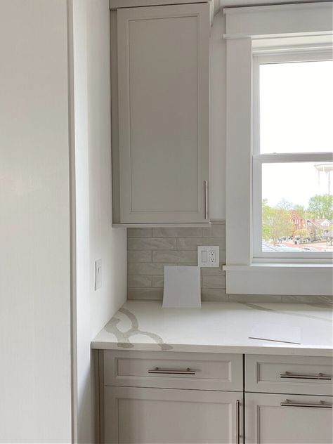 White Cabinets Greige Island, Quartz Countertops With Greige Cabinets, Cabinet Color Sherwin Williams, Agreeable Gray Paint, Modern Gray Sherwin Williams, Sherwin Williams Greige, Sherwin Williams Agreeable Gray, Greige Kitchen Cabinets, Mindful Gray Sherwin Williams