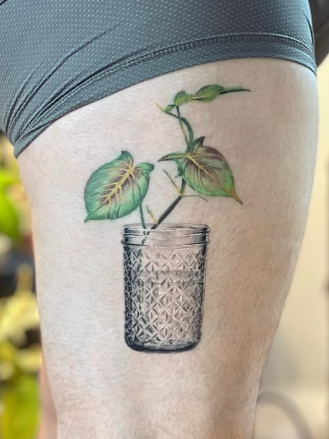 Mason Jar Tattoo, Plant Tattoos, Plant Room Ideas, Plant Tattoo, Plant Room, Botanical Tattoo, Tattoo Cover, Tattoo Love, Cover Up Tattoos