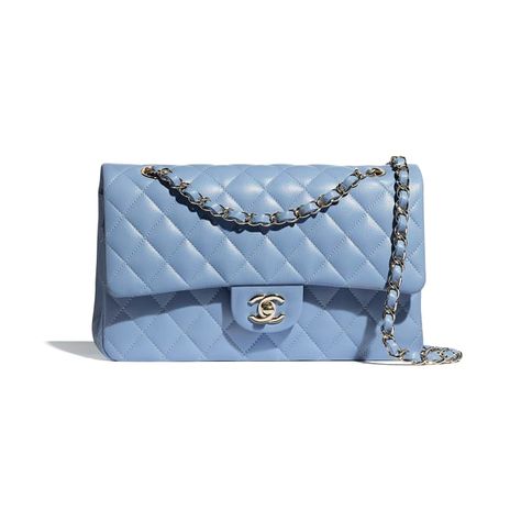 Lambskin & Gold-Tone Metal Sky Blue Classic Handbag | CHANEL Chanel Handbags Classic, Bag Video, Chanel Classic Flap Bag, Moda Chanel, Mode Chanel, Dream Bag, Chanel Store, Chanel Cruise, Classic Flap Bag