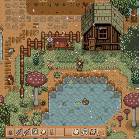 Stardew Valley Farmhouse Color, Stardew Valley Duck Pond, Stardew Valley Vanilla Farm, Stardew Barn Layout, Stardew Valley Farm Aesthetic, Stardew Meadowlands Farm Layout, Meadowlands Farm, Meadowlands Farm Stardew Valley, Stardew Forest Farm