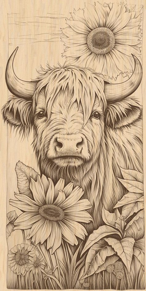 3d Illusion Highland Cow With Sunflowers for Laser Please Read Description Laser Ready - Etsy UK Highland Cow Tattoo Design, Highland Cow Template, How To Paint A Highland Cow, Natural Forms Drawings, How To Draw A Highland Cow, Highland Cow Drawing, Highland Cow Watercolour, Highlander Cows, Highland Cow Tattoo