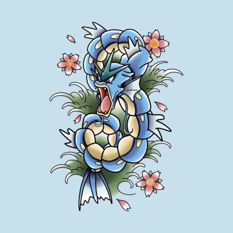 Gyarados Tattoo Design - Michael Baker Gyarados Pokemon Art, Pokemon American Traditional Tattoo, Gyrados Pokemon Art, Pokemon Traditional Tattoo, Gyrados Pokemon Tattoo, Traditional Pokemon Tattoo, Pokémon Sleeve, Gyarados Tattoo, Study Tattoo