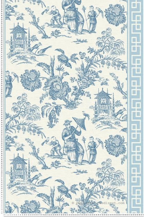 Toile de Jouy chinoise bordures bleu - Collection Chinoiserie d'Initiales French Country Collections, Blue And White Wallpaper, Chinoiserie Design, Chinoiserie Blue, Toile Pattern, Floral Toile, Chinoiserie Wallpaper, More Wallpaper, French Country Style