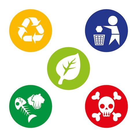 Set icon symbol of waste management | Premium Vector #Freepik #vector #recycle-symbol #recycle-sign #recycle-icon #waste-icon Solid Waste Poster, Waste Management Poster, Kampus Mengajar, Recycle Icon, Solid Waste Management, Recycle Sign, Types Of Waste, Empty Plastic Bottles, Recycle Symbol