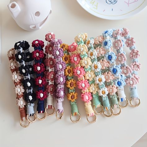 Faster shipping. Better service Crochet Lanyard, Boho Phone Case, Lanyard Bracelet, Macrame Wristlet, Crochet Macrame, Flower Braids, Hand Painted Beads, Flower Keychain, Wrist Lanyard