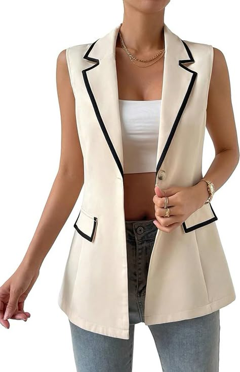 WDIRARA Women's Colorblock V Neck Sleeveless Button Front Blazer Vest Jacket Casual Waistcoat Apricot XS at Amazon Women's Coats Shop Jacquard Suit, Coachella Dress, Work Chic, Vest Blazer, Elegante Casual, Preppy Casual, Blazer Vest, Suit Vest, Dressy Casual