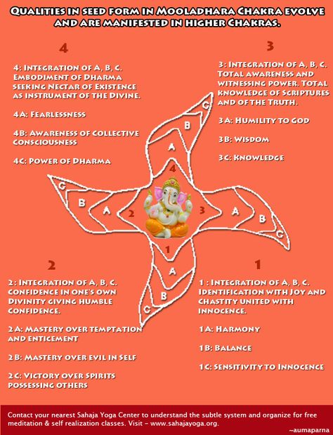 Qualities in seed form in Mooladhara Chakra evolve and are manifested in higher Chakras. Once you start your journey towards your higher self - these qualities automatically start sprouting and help you reach your own divinity. Mooladhara Chakra, Chakra Imbalance, Sahaj Yoga, Sahaja Yoga Meditation, Higher Chakras, Muladhara Chakra, Shri Mataji, Sahaja Yoga, Kundalini Awakening