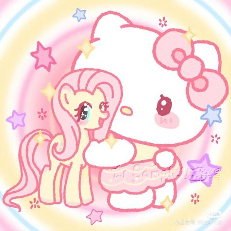 Shy Hello Kitty, Hk Matching Pfp, Mlp X Sanrio, Kawaii Sanrio Pfp, Hello Kitty Crossover, Cute Kawaii Matching Pfp, Mlp Matching Pfp For 2, Fluttershy Matching Pfp, Kuromi And My Melody Matching Pfp