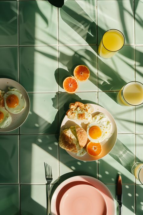 Retro Aesthetic Photography, Orange And Green Aesthetic Vintage, Breakfast Table Photography, 70s Food Photography, Brunch Asthetic Picture, Food Vintage Aesthetic, Food Shopping Aesthetic, Egg Food Photography, Pastels Aesthetics