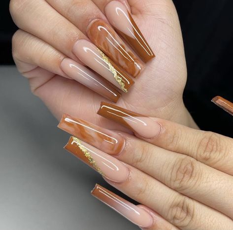 Ginger Nails Design, Cognac Nails, Fall Tapered Square Nails, Ginger Nails Acrylic, Ginger Nails, Coffin Nail Designs, Bday Nails, Brown Acrylic Nails, Tapered Square Nails