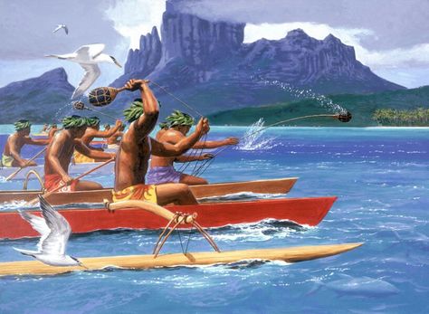 Fish Drive, painting by Herb Kawainui Kāne. Herb Kane, Vehicle Drawing, Hawaiian Legends, Faceless Youtube, Hawaiian History, Old Hawaii, Surf Aesthetic, Outrigger Canoe, Beautiful Hawaii