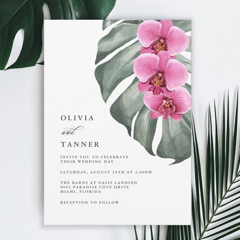 Hot Pink Orchids on Monstera Tropical Wedding Invitation Popular Wedding Invitations, Wedding Announcement Cards, Wreath Wedding Invitations, Tropical Wedding Invitations, Tropical Botanical, Wedding Vision, Pink Wedding Invitations, Minimalist Wedding Invitations, Beach Wedding Invitations