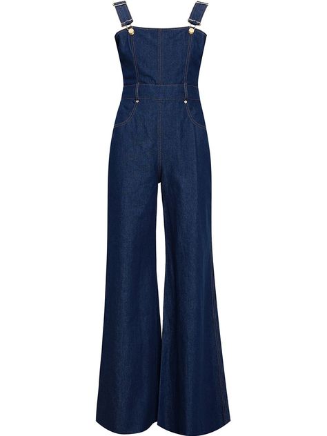 Love the girly shape of these - fitted bodice, flare leg, dark wash. DIY all manner of denim with Threadhead TV. ~Natasha Zinko Denim Overalls, $1,153; farfetch.com    - ELLE.com Oversized Overalls, Western Party Wear, Womens Denim Overalls, Flare Jeans Style, Overalls Denim, Denim Dungaree, Natasha Zinko, Blue Jean Outfits, Blue Overalls