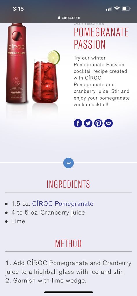 Pomegranate Vodka Cocktail, Ciroc Drinks, Tipsy Bartender Recipes, Pomegranate Vodka, Ciroc Recipes, Pomegranate Martini, Ciroc Vodka, Pomegranate Recipes, Wine Tasting Party