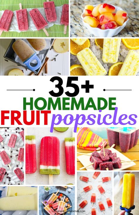 Snack on these homemade fruit popsicles. We've gathered together over 35 healthy and delicious frozen ice pop recipes featuring fresh or frozen fruit and/or fruit juices for snacks that will delight. Children love the flavors and parents enjoy the whole food goodness in every bite. #frozentreat #dessert #healthysnack Mango Popsicle Recipes, Fruit Popsicle Recipes, Easy Popsicle Recipes, Sugar Free Popsicles, Homemade Fruit Popsicles, Peach Popsicles, Cherry Popsicles, Berry Popsicles, Frozen Fruit Bars