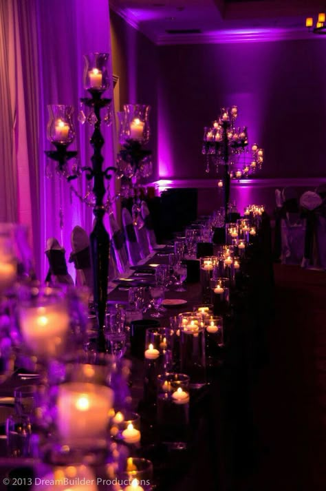 A very classy Halloween Wedding. I adore the purple lighting. Stevie Bell, Classy Halloween Wedding, Masquerade Ball Decorations, Theme Dinners, Beetlejuice Wedding, Masquerade Party Decorations, Masquerade Prom, Masquerade Ball Party, Goth Stuff