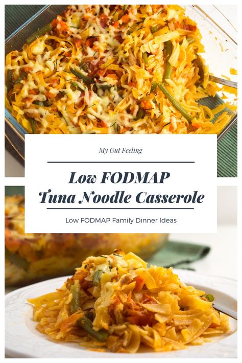 Healthy, light and delicious low FODMAP Tuna Noodle Casserole. Easy to make and even easier to love and Perfect for a weeknight family dinner. Low Fodmap Tuna, Lowfod Map, Nutrition Notes, Weeknight Family Dinner, Fodmap Dinner, Fodmap Meals, Fod Map, Fodmap Recipes Dinner, Low Fodmap Recipes Dinner