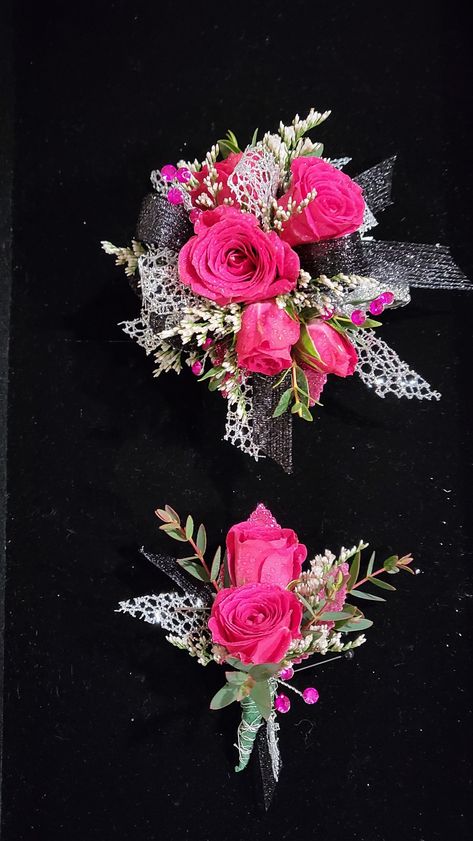 Corsage Pink And Black, Black And Pink Corsage And Boutonniere, Flowers For Black Prom Dress, Hot Pink And White Corsage, Prom Corsage And Boutonniere Pink, Hot Pink And Black Corsage, Hoco Flowers Corsage, Hot Pink Corsage And Boutonniere, Pink And Black Corsage