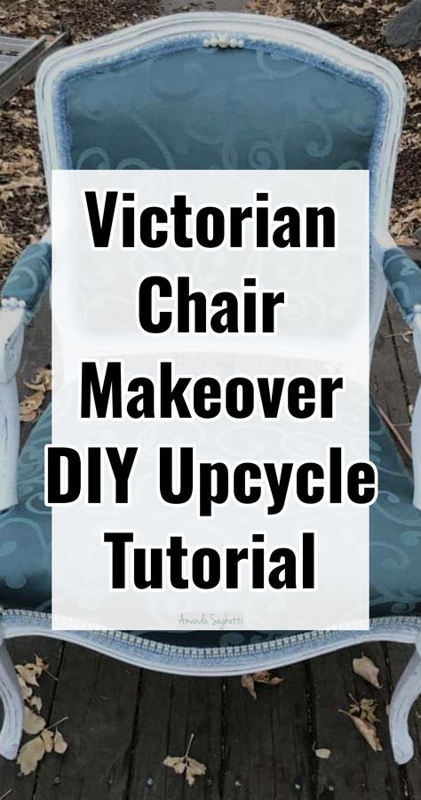 Victorian Chair Makeover DIY Upcycle Tutorial Reholposter Chair Diy, Reupholster Victorian Chair, Paint Wingback Chair, Vintage Armchair Makeover, Victorian Chairs Reupholstered, Victorian Furniture Makeover, Victorian Chair Makeover, How To Reupholster A Chair, Reading Chair Aesthetic