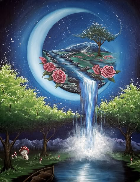 Fantasy Landscape Painting Ideas, Unique Paintings Creative Acrylic, Mystical Painting Ideas, Witchy Acrylic Painting, Dreamscape Painting, Lunar Art, Coral Drawing, Questioning Reality, Earth Day Drawing